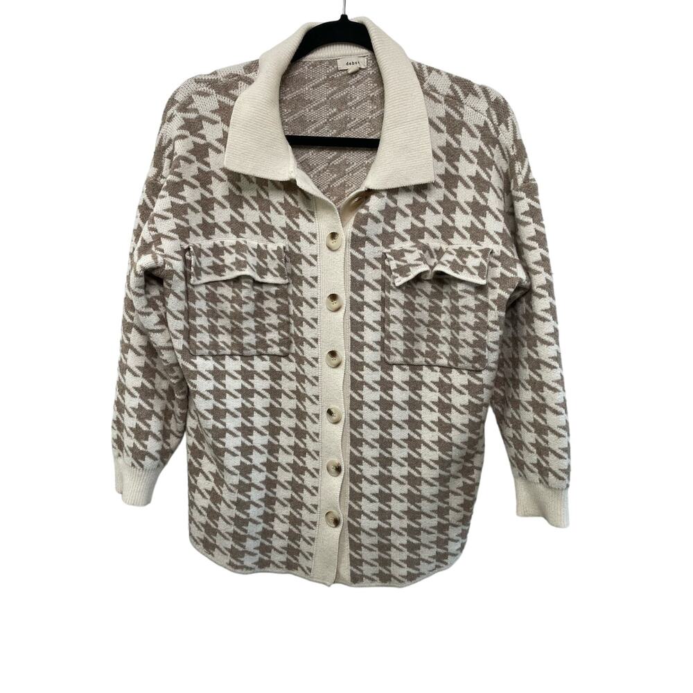 Button Up Houndstooth Cardigan Sweater Long Sleeve Pockets Cream Tan‎ M Granny